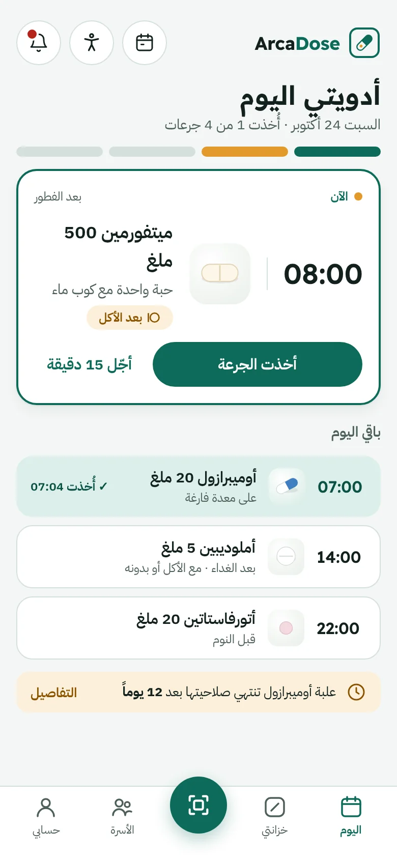 شاشة أدوية اليوم مع الجرعة الحالية