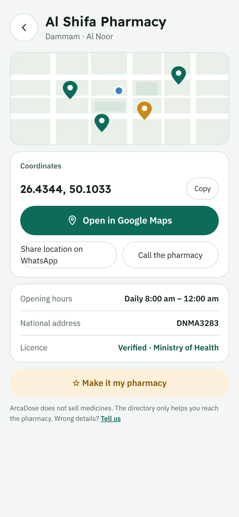 Pharmacy details and location
